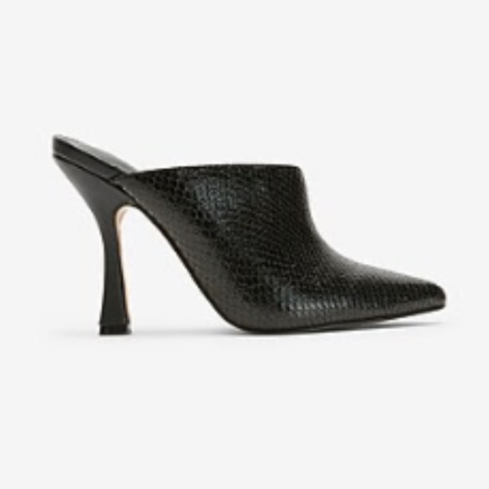 Express Women’s 8.5 Heeled Mules Express Black Snakeskin Mules